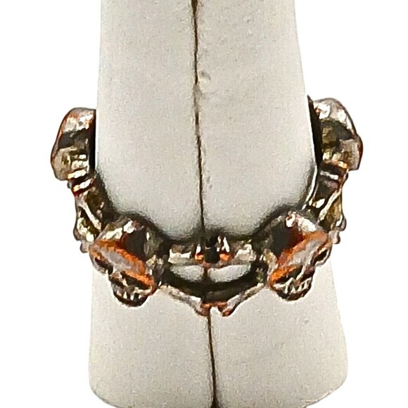 Silver Plated Gold Skull & Crossbones Band Ring 6.75 Unisex Rustic Gothic Biker - Picture 2 of 7